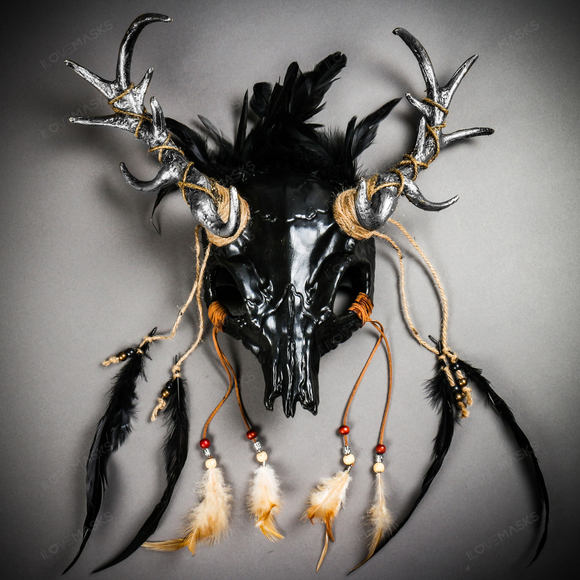 Antelope Devil Silver Deer Horn Skull Ghost Masquerade Mask - Black - Picture 2 of 9
